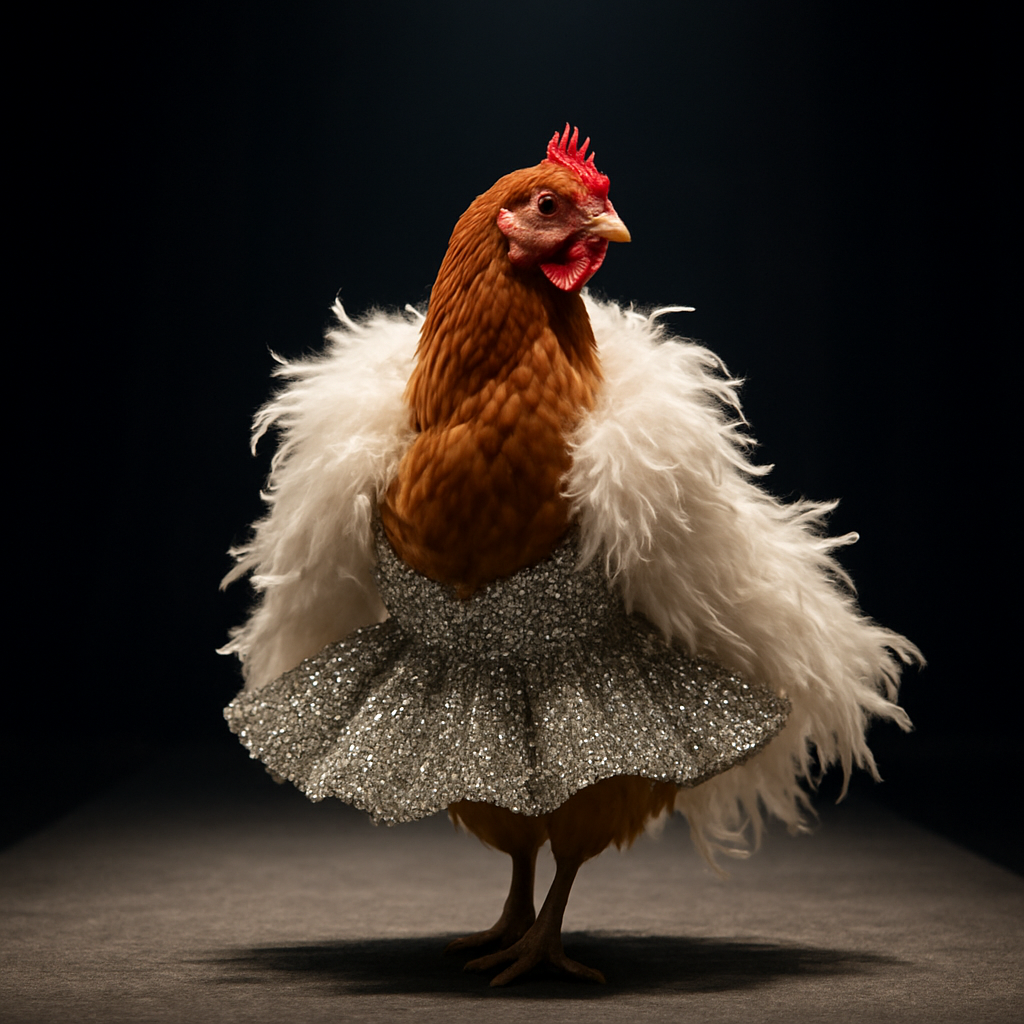 A fabulous hen in a rhinestone tutu posing under a spotlight on the runway