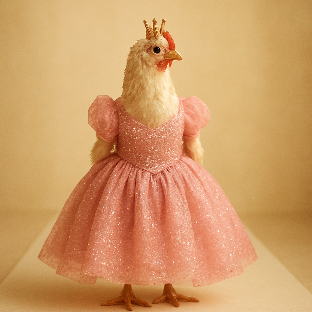 A chicken dressed as a fairytale princess in a pink gown and crown