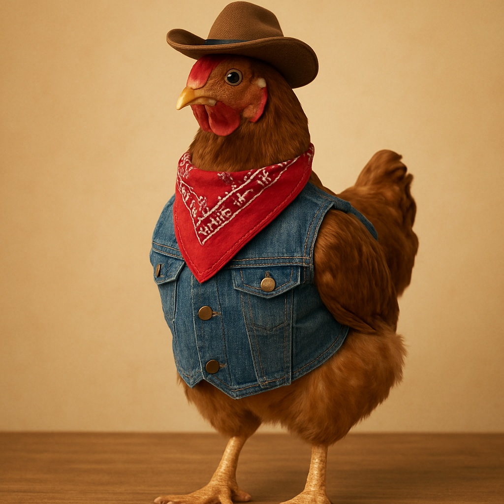 A chicken dressed in a western cowboy outfit on the runway